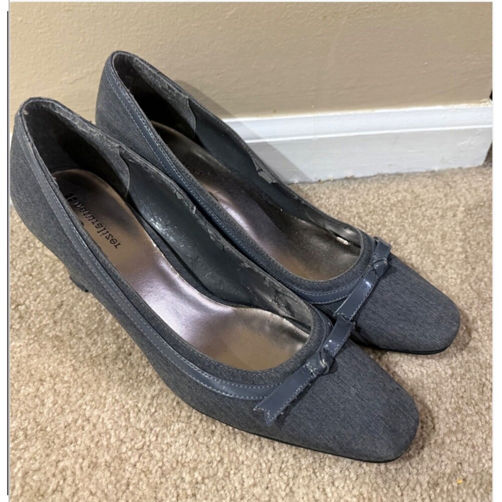 Naturalizer Gray Block Heel Pumps Womens 9 Fabric Patent Bow Comfort Shoe READ